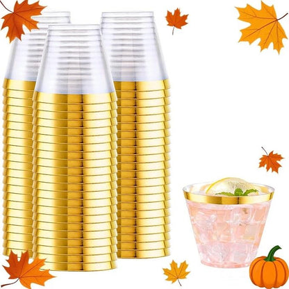 WELLIFE 200 PCS Gold Plastic Cups,9 oz Clear Plastic Cups,Disposable Wine Glasses,Plastic Cocktail Glasses for Party and Wedding