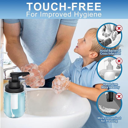 12 oz Automatic Touchless Foam Glass Soap Dispenser, Rechargeable Hands Free Liquid Mason Jar Soap Dispenser with Electric Sensor Pump, Refillable Lotion Bottle for Bathroom Kitchen Countertop