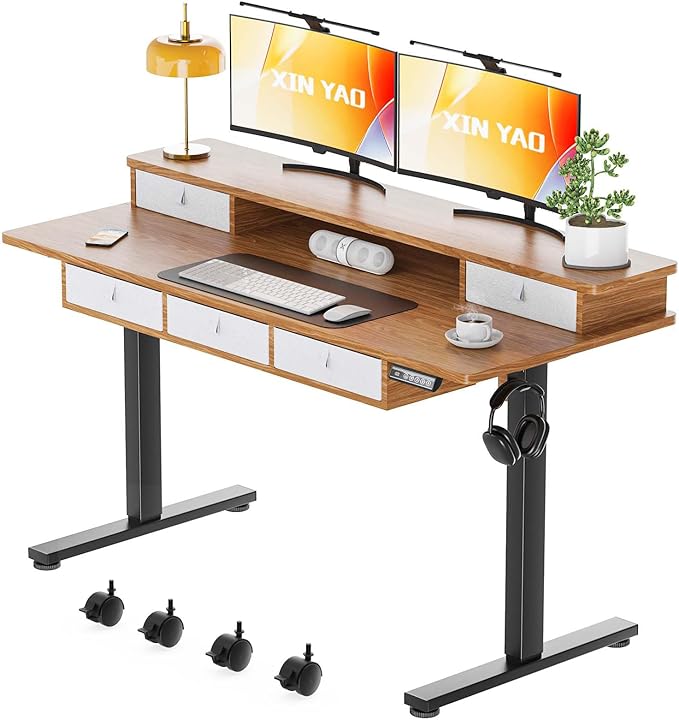 XINYAO Electric Standing Desk with 5 Drawers, 55x24 Inch Height Adjustable Sit Stand Up Desk with Storage Support 290lbs Ergonomic Rising Table with Wheels for Home Office