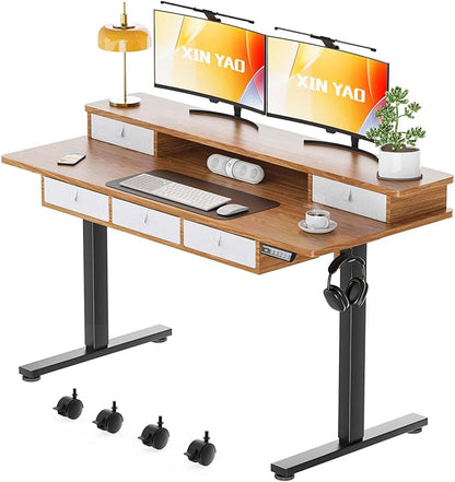 XINYAO Electric Standing Desk with 5 Drawers, 55x24 Inch Height Adjustable Sit Stand Up Desk with Storage Support 290lbs Ergonomic Rising Table with Wheels for Home Office
