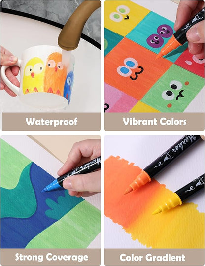 30 Colors Acrylic Paint Markers - Waterproof Dual Tip Acrylic Paint Pens with Brush & Fine Tip Professional Marker Set Scrapbook Markers for Paper Rock Wood Fabric Glass Ceramic and DIY Crafts
