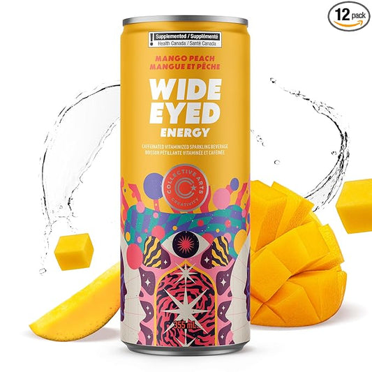 Collective Arts Wide Eyed Energy Drinks | Naturally-Flavored Caffeinated Vitaminized Sparkling Beverage With Fruit Extracts | Mango Peach MAX | Pack of 12 | 12 fl oz.(355ml)