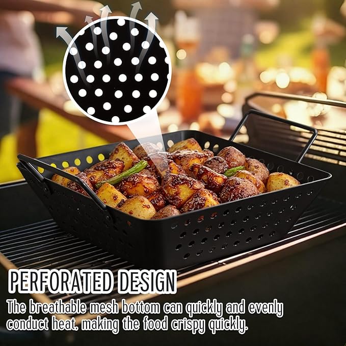 3 Pack Grill Basket Set for Outdoor Grill, Stainless Steel Vegetables Grilling Basket with Holes and Handles, Nonstick Barbecue Pan for Seafood Meat Grilling Accessories Gifts for Men