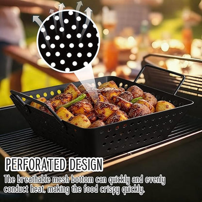 3 Pack Grill Basket Set for Outdoor Grill, Stainless Steel Vegetables Grilling Basket with Holes and Handles, Nonstick Barbecue Pan for Seafood Meat Grilling Accessories Gifts for Men