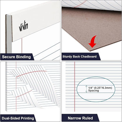 ViVin 5 x 8 Inch Legal Pads, 12 Pack, Narrow Ruled, 50 Sheets Per Writing Pad, Perforated Note Pads Ideal for Home, Office, Business, 600 Sheets, White Paper