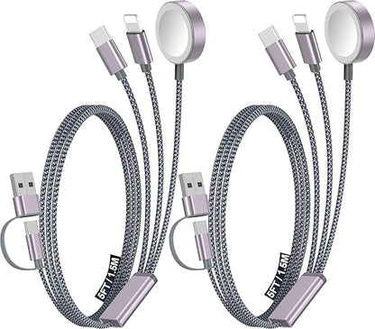 2Pack Multi Charging Cable Cord for Travel Essentials,Apple Watch Charger,iPhone Charger,[3-in-2] Type C/Lightning Cable Portable Designed for iWatch,iPhone 17-8,Galaxy S25-21,AirPods,iPad-1.5M Gray