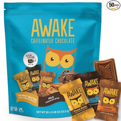 AWAKE - Caffeinated Chocolate Bites - 50mg Caffeine - Variety Pack (3 Flavors), 50 Bites - Peanut Butter, Milk, & Caramel - Energy Bites - Coffee Alternative - Fairtrade, Gluten Free, Non GMO - 0.48oz