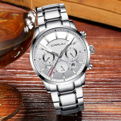 CRRJU Men's Business Casual Chronograph Quartz Waterproof Wristwatch Black Leather Strap