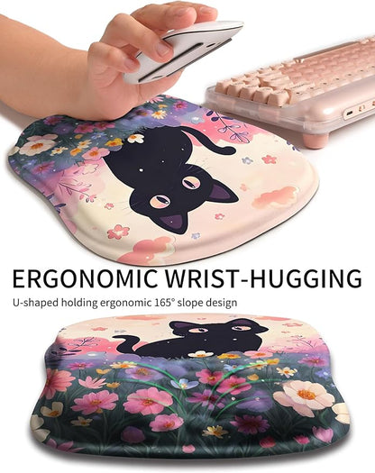 Hokafenle Ergonomic Wrist-Hugging Mouse Pad Wrist Support, U-Shaped Holding Wrist Rest Mousepad for Carpal Tunnel Pain Relief with Cushioned Memory Foam Slope Massage Bulge (10.2x8.3 in,Flower Cat)