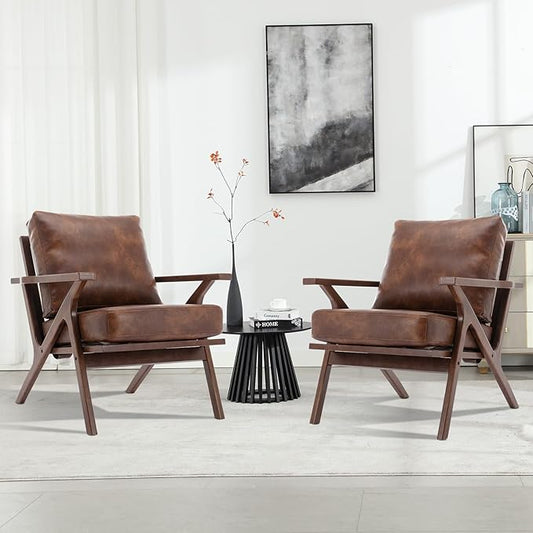 INZOY Mid-Century Modern Accent Chair Set of 2, PU Leather Living Room Chair and Soft Thick Padded Armchair for Living Room Bedroom Reception with Removable Upholstered Cushions, Reddish Brown