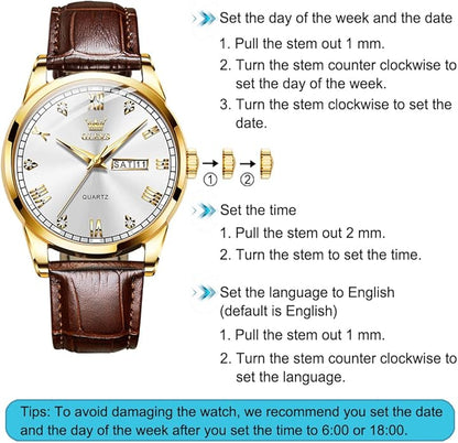OLEVS Men's Simple Watch with Day and Date, Stainless Steel Analog Quartz Watches for Men, Classic Luminous Hands Men's Dress Watches, Black/White/Blue Dial