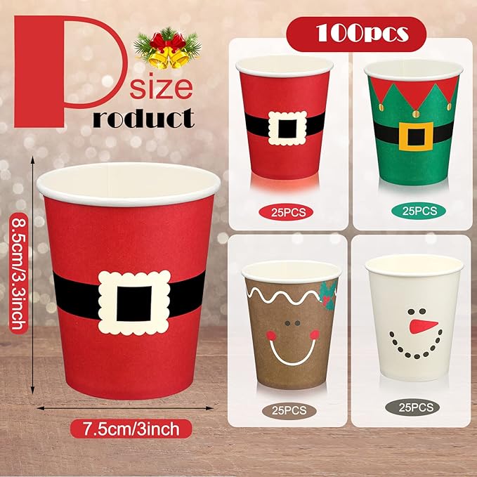 Funtery 100 Pieces Christmas Paper Cups Xmas Disposable Coffee Cups Snowflake Santa Snowman Elk Lights Christmas 9 Ounce Drinking Tea Paper for Daily Use Holiday (Bright Style)