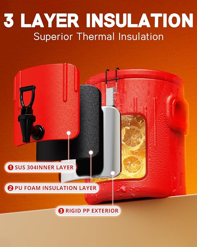 Insulated Beverage Dispenser 2 Gallon- Ice and Hot Drink Dispenser with 304 Stainless Steel Interior and Spout, Portable Hot Water Dispenser, Outdoors Cooler Jug for Camping Party Sports, NN