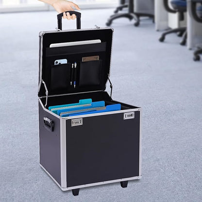 Locking File Organizer Box, Portable Mobile Business Case, Fireproof Document File Organizer, Trolley File Box with Handle and Lock, Letter/Legal File Storage, 19.2 x 15 x 16inch, Black