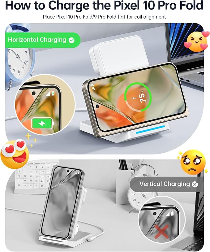 Upgraded Foldable 3 in 1 Wireless Charger for Pixel Watch 3/2 (Not for Pixel Watch 4/1), Fast Charger Stand for Pixel 10 Pro XL/9 Pro XL/9/8/7 Pro/8a/6 Pro & Buds, Charging Station with Adapter, White