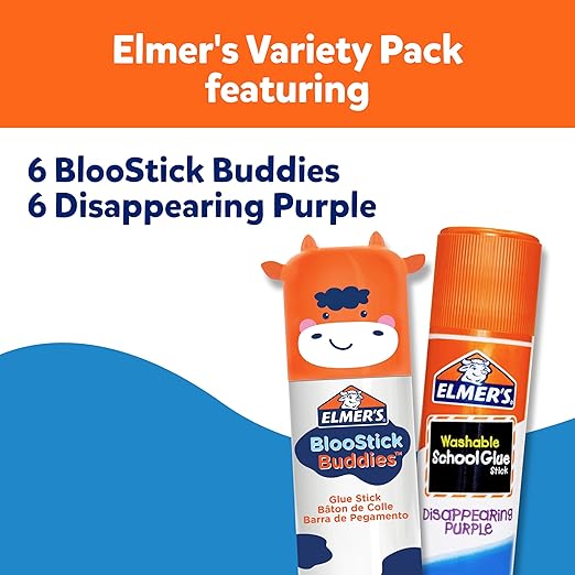 Elmer's Glue Sticks Combo Pack, BlooStick Buddies and Disappearing Purple, 6g, 12 Count, #1 Teacher Brand - Kids School Supplies, Stocking Stuffers, Holiday Gift, Arts & Crafts