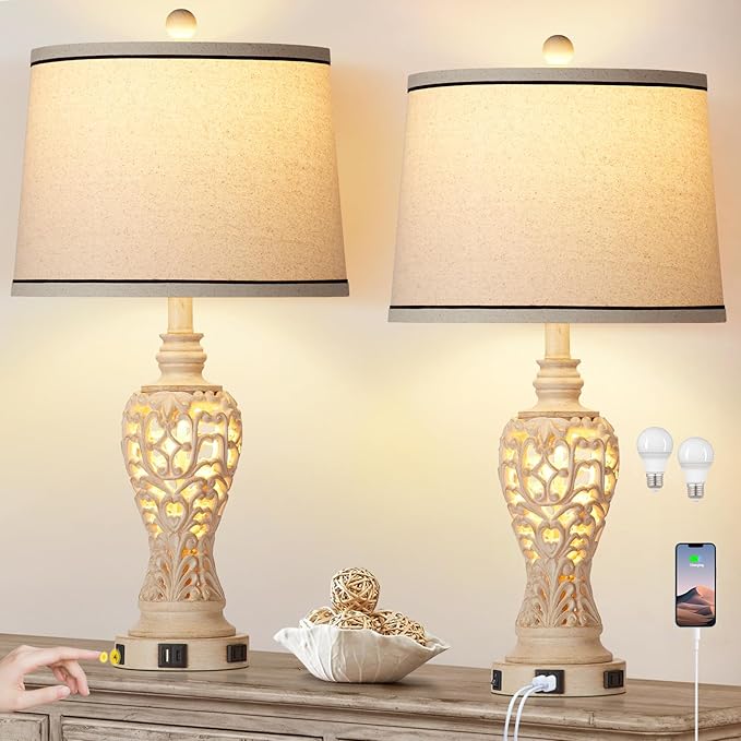Table Lamps Set of 2, Farmhouse Table Lamps with Nightlight, Rustic Bedside Lamps with Dual USB & AC Outlet, 25.2'' Beige Vintage Nightstand Lamps for Bedroom Living Room, Bulbs Included
