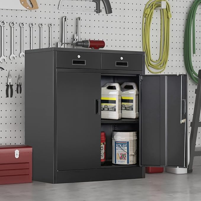 Metal Storage Cabinet, 36" H Locking Storage Cabinet with Two Drawers and Adjustable Shelf, Metal Cabinets for Office, Garage, Home-Black