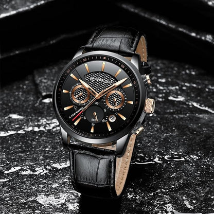 CRRJU Men's Business Casual Chronograph Quartz Waterproof Wristwatch Black Leather Strap