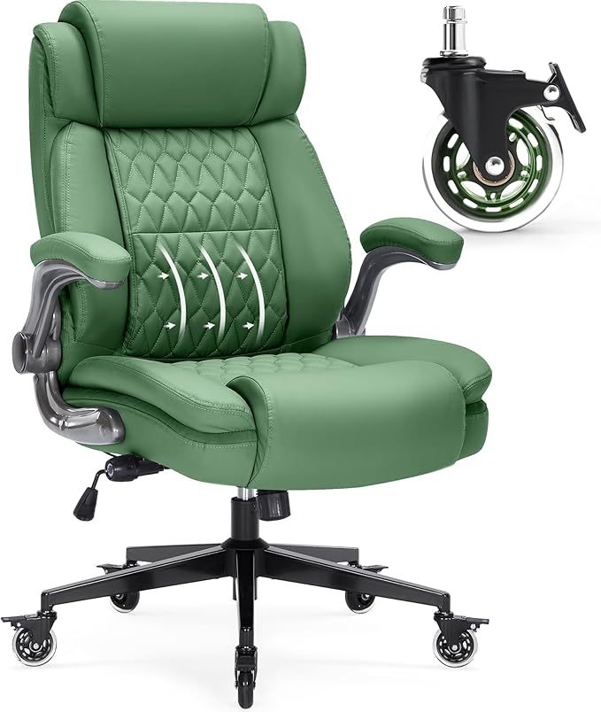 Large High Back Office Chair with Flip Arms- Executive Desk Chair with Locking Wheels, Adjustable Lumbar Support, Ergonomic Synthetic Leather Computer Chair Prevents Cats Scratching