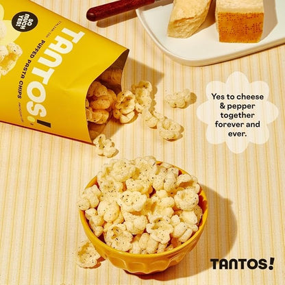 Tantos! Puffed Pasta Chips, Healthy Pasta Snack by Top Chef Joe Sasto, As Seen on Shark Tank, Plant Based, Low Calorie, Crunchy Chips, Variety Pack, Marinara, Pesto, Cacio e Pepe, Classico, Gourmet Bold Flavors, 1 oz 6 Pack, Cacio e Pepe