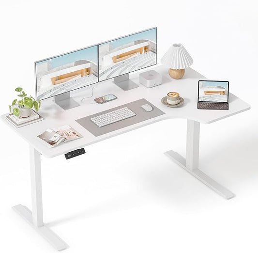 FEZIBO 55×32 inch L Shaped Electric Corner Standing Desk, 4 Memory Height Settings,Home Office & Computer Height Adjustable Table, Ergonomic Sit and Stand Up Workstation with Splice Board,White Top