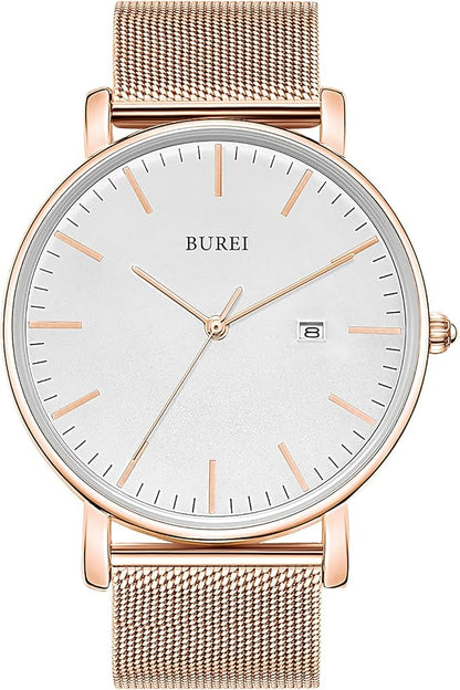 BUREI Men Watches Brown Leather Fashion Minimalist Wrist Watch Simple Ultra Thin Waterproof Quartz Watches All Black Stainless Steel Mesh Band,Gift for Men Women