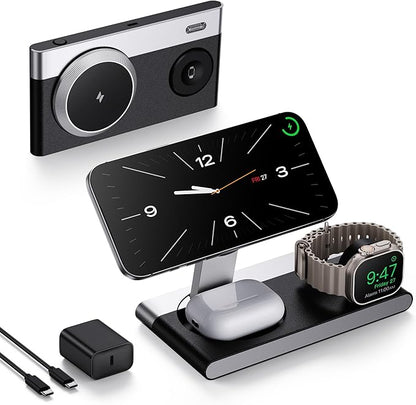 Foldable 3 in 1 Magnetic Wireless Charging Station for Apple Devices, Leather-Like Fast Wireless Charger Dock with Night Light for Magsafe iPhone 17/16/15/14, Apple Watch, AirPod,Gift for Men