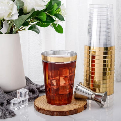 Nervure 120PCS Gold Plastic Cups - 10Oz Gold Rim Plastic Cups - Heavy Duty Disposable Cups - Clear Cup with Gold Rim for Weddings, Birthdays, Gatherings and Party