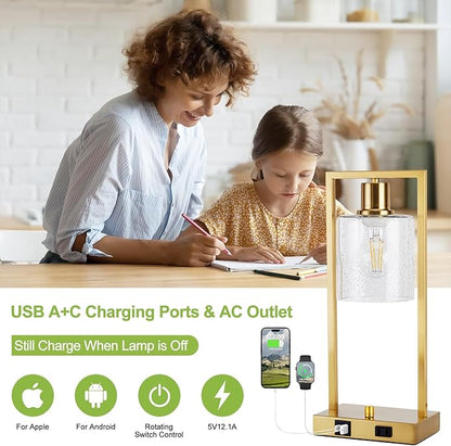 16" Set of 2 Gold Industrial Table Lamps with USB A+C Charging Ports and AC Outlet, Fully Stepless Dimmable Bedside Lamps with Seeded Glass Shade for Bedroom Living Room Office, LED Bulbs Included