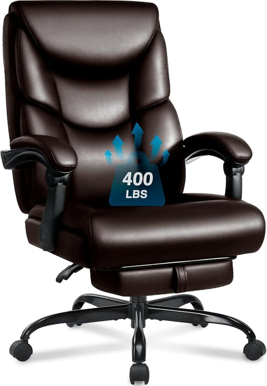 400lbs Office Chair with Foot Rest, Reclining Big and Tall Office Chair with Lumbar Support, High Back PU Leather Computer Chair,Comfy Desk Chair for Home Office (Casual) (Brown)