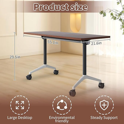 Conference Table, Foldable Conference Room Tables with Silent Wheels, Folding Modular Seminar Meeting Tables, Modern Rectangle Training Table for Office, Boardroom (8, Walnut2, 55.1)