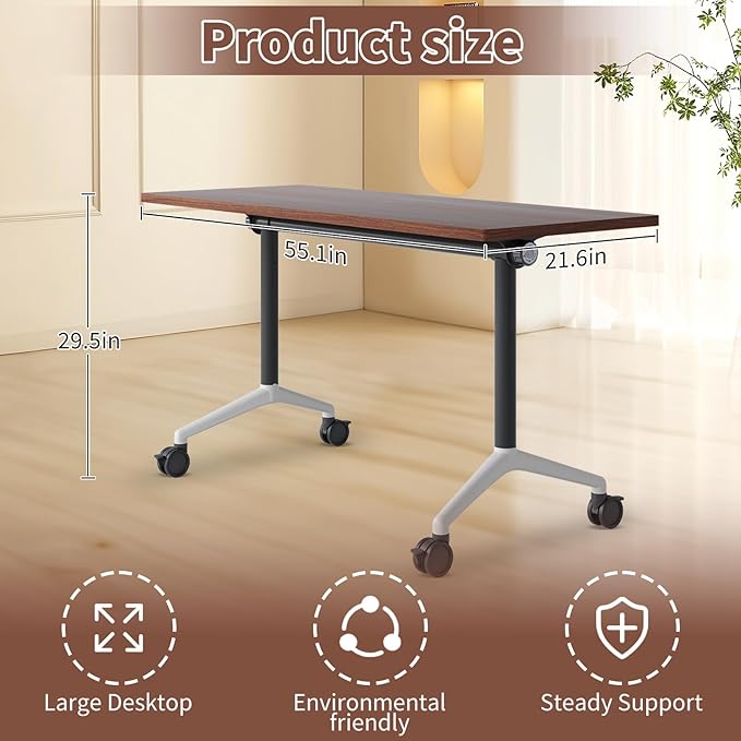 Conference Table, Foldable Conference Room Tables with Silent Wheels, Folding Modular Seminar Meeting Tables, Modern Rectangle Training Table for Office, Boardroom (2, Walnut2, 55.1)