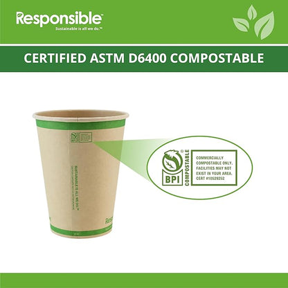 Responsible Products Certified Compostable 12 oz Paper Cups, Cold ＆ Hot Coffee Cups, Disposable Paper Cups, Extra Strength Disposable Cups, Made without PFAS (50 count)
