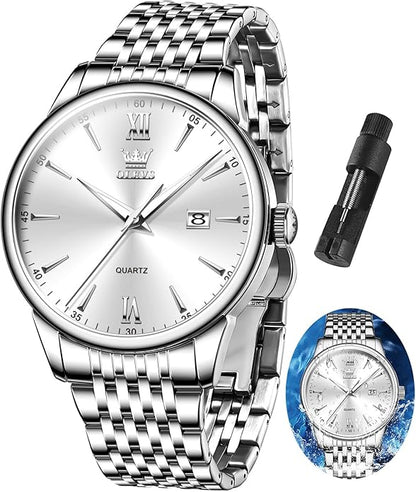 OLEVS Mens Watch Stainless Steel Analog Quartz Watches for Men Day Date Easy Read Diamond Waterproof Dress Luxury Classic Casual Big Face Blue/Black/Gold/Silver Roman Arabic Numerals Men's Wrist Watch