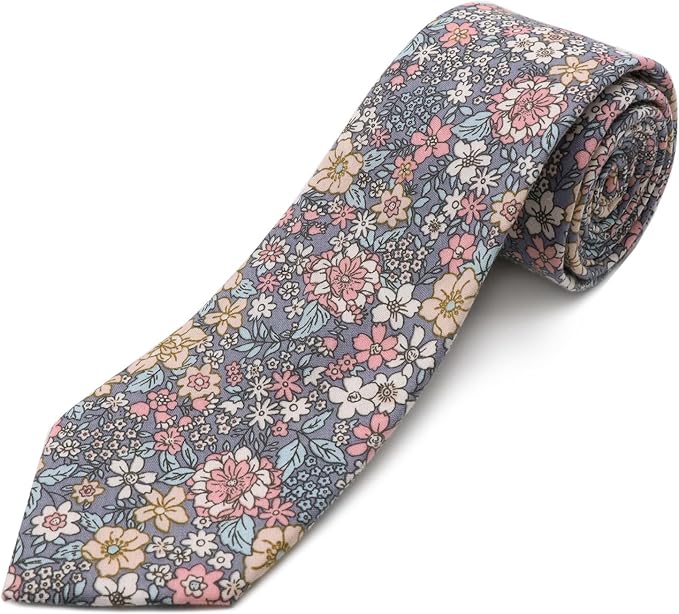Cotton Floral Ties for Men 2.76" Men's Skinny Tie Linen Flower Printed Neck Tie for Wedding Dating Party