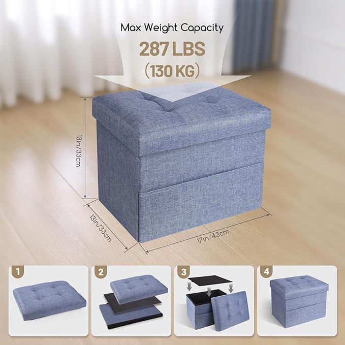 Storage Ottoman,Folding Ottomans with Storage,Linen Ottoman Foot Rest with Pocket,Foot Stool with Thicker Foam Padded for Living Room,Bedroom,Office,Dorm,287 lb Load Capacity,17x13x13in,Blue