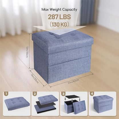 Storage Ottoman,Folding Ottomans with Storage,Linen Ottoman Foot Rest with Pocket,Foot Stool with Thicker Foam Padded for Living Room,Bedroom,Office,Dorm,287 lb Load Capacity,17x13x13in,Blue