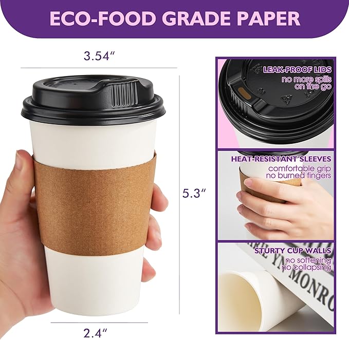 16 oz 50 Pack Disposable Coffee Cups with Lids and Sleeves, To Go Coffee Cups with Lids, Hot/Cold Beverage Drinking Cup for Coffee, Tea