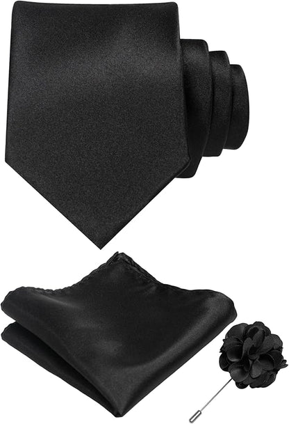 RBOCOTT Solid Color Tie and Pocket Square Hankerchief with Lapel Pin Set for Men