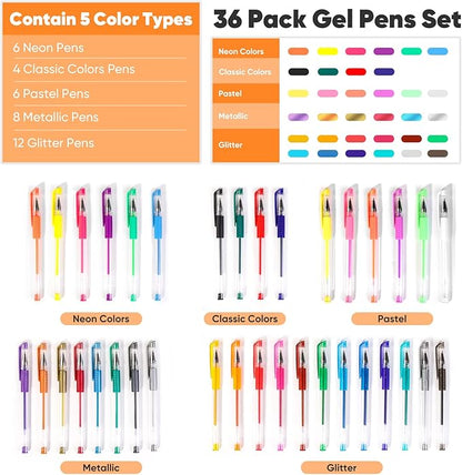 Taotree Glitter Gel Pens, 36 Color Neon Glitter Pens Fine Tip Art Markers Set 40% More Ink Colored Gel Marker for Coloring Book, Drawing, Coloring, Scrapbook, Journaling, Sparkle Easter Gifts kids