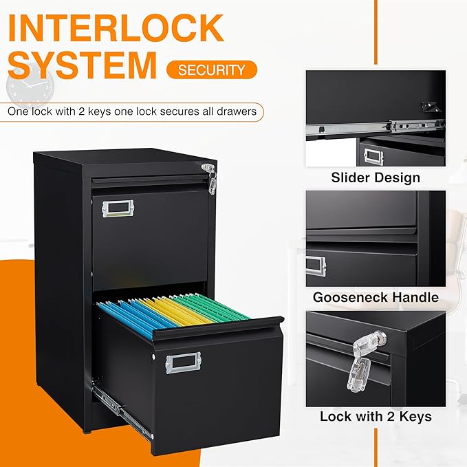2 Drawer File Cabinet with Lock, Metal Vertical File Storage Cabinet, 18" Deep Vertical Filing Cabinets for Home Office to Hanging A4 Legal/Letter Size, Assembly Required (2 Drawer - Black)