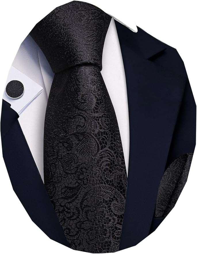 Barry.Wang Tie Sets for Men Silk Solid Necktie Stain Ties Handkerchief Pocket Square Cufflinks Wedding Business Dyed