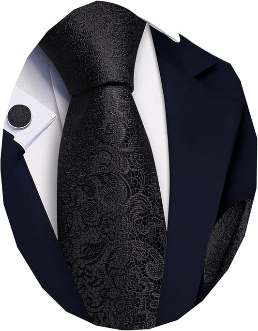 Barry.Wang Tie Sets for Men Silk Solid Necktie Stain Ties Handkerchief Pocket Square Cufflinks Wedding Business Dyed
