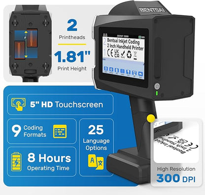 BENTSAI B45 Handheld Inkjet Printer with 2 Inch Print Height for High Definition Batch Coding EXP Date Marking Product Labeling on Carton Wood Plastic Metal Fabric Glass Aluminum
