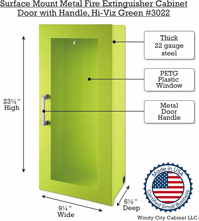 Fire Extinguisher Mount - Neon Cabinet with Door - 22 Gauge Steel, Powdercoat Finish, Metal Handle, Universal Wall Mountability - 5 -10 lb. Capacity - Made in USA - Extinguisher Not Included