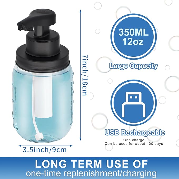 12 oz Automatic Touchless Foam Glass Soap Dispenser, Rechargeable Hands Free Liquid Mason Jar Soap Dispenser with Electric Sensor Pump, Refillable Lotion Bottle for Bathroom Kitchen Countertop