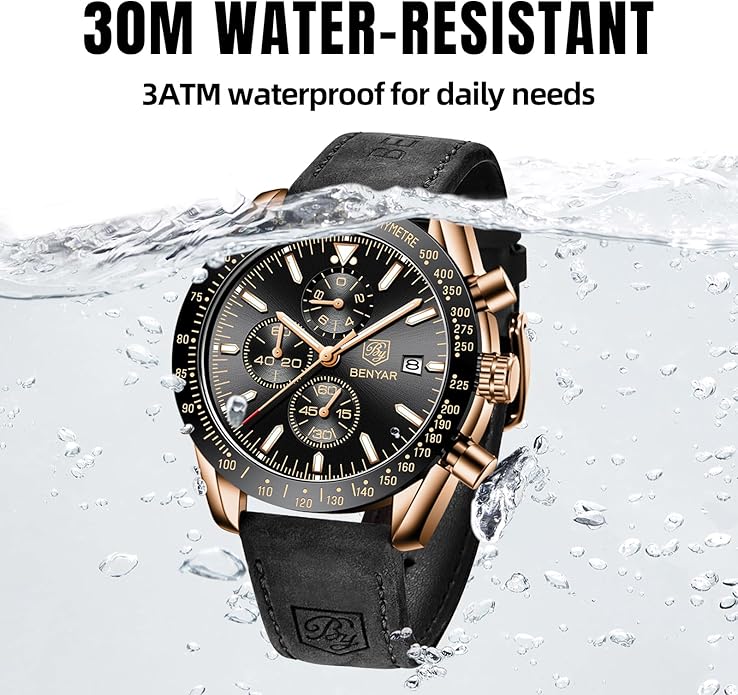 BY BENYAR Watch for Men Analog Quartz Chronograph Waterproof Luminous Designer Mens Wrist Watches Business Work Sport Casual Dress Watch with Silicone Strap Elegant Gifts for Men