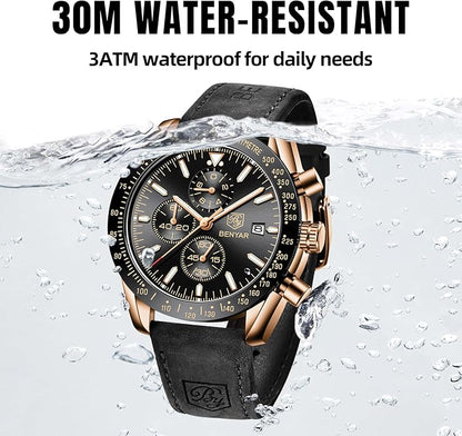 BY BENYAR Watch for Men Analog Quartz Chronograph Waterproof Luminous Designer Mens Wrist Watches Business Work Sport Casual Dress Watch with Silicone Strap Elegant Gifts for Men