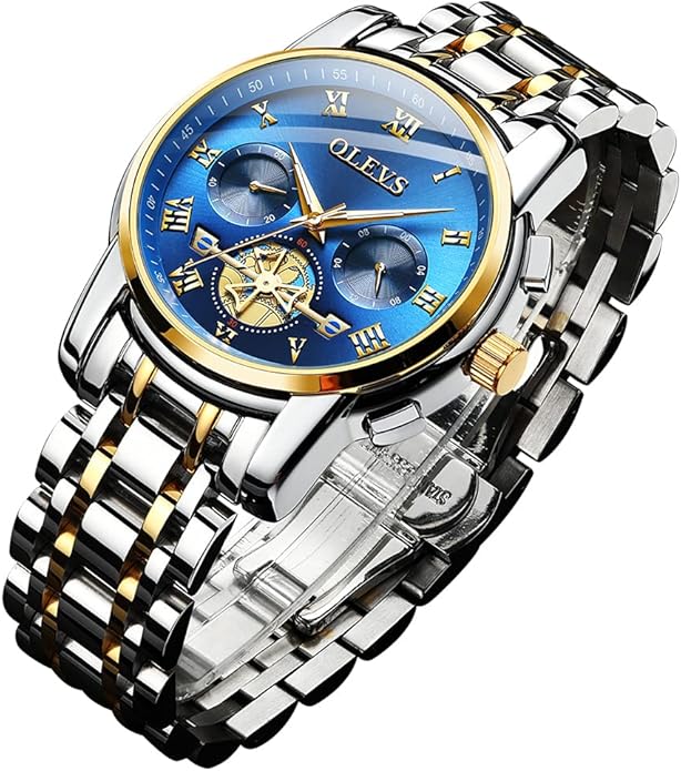 OLEVS Mens Watches Fashion Casual Analog Quartz Watch Waterproof Dress Wrist Watches with Stainless Steel Band Day Window for Men (Band with Gold Blue dial)